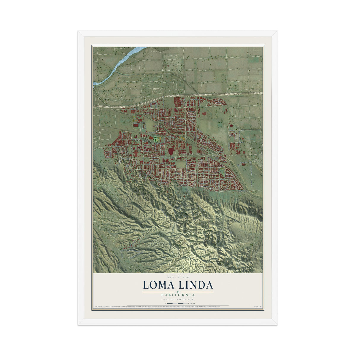 Map of Loma Linda, California, 12 x 18 inch print in a white wood frame