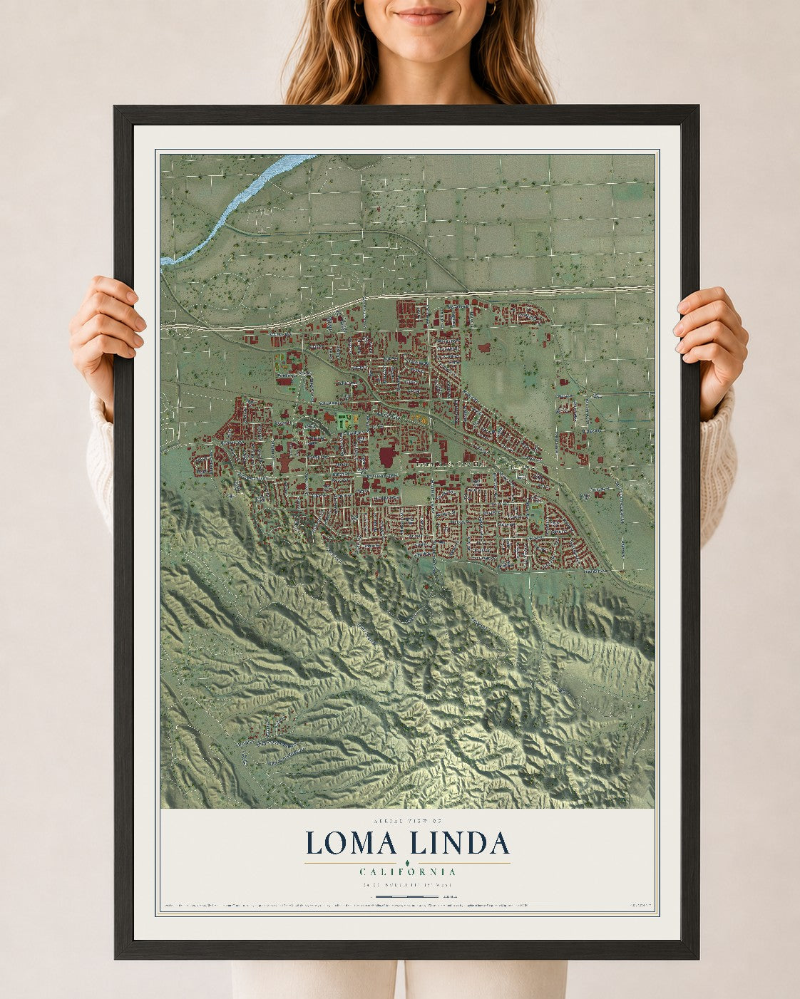Map of Loma Linda, California, 24 x 36 inch print in a black wood frame