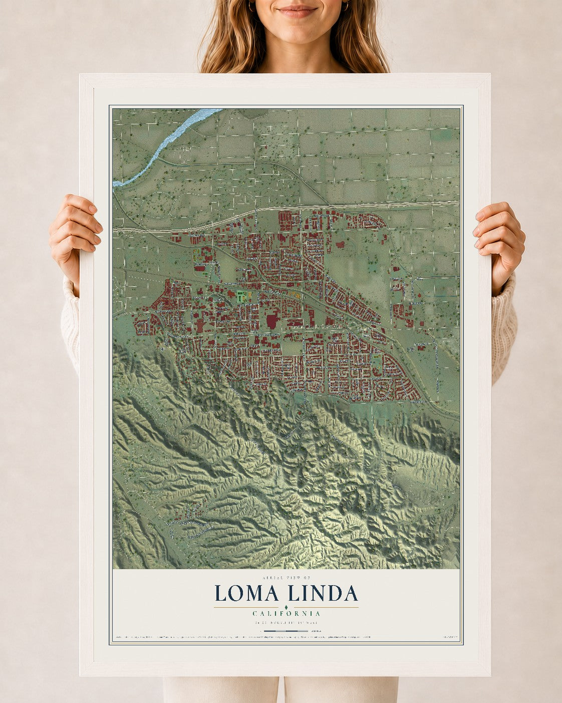 Map of Loma Linda, California, 24 x 36 inch print in a white wood frame
