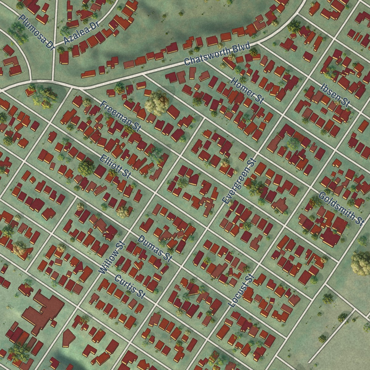 Close-up of the map of Loma Portal, California print showing street and building detail