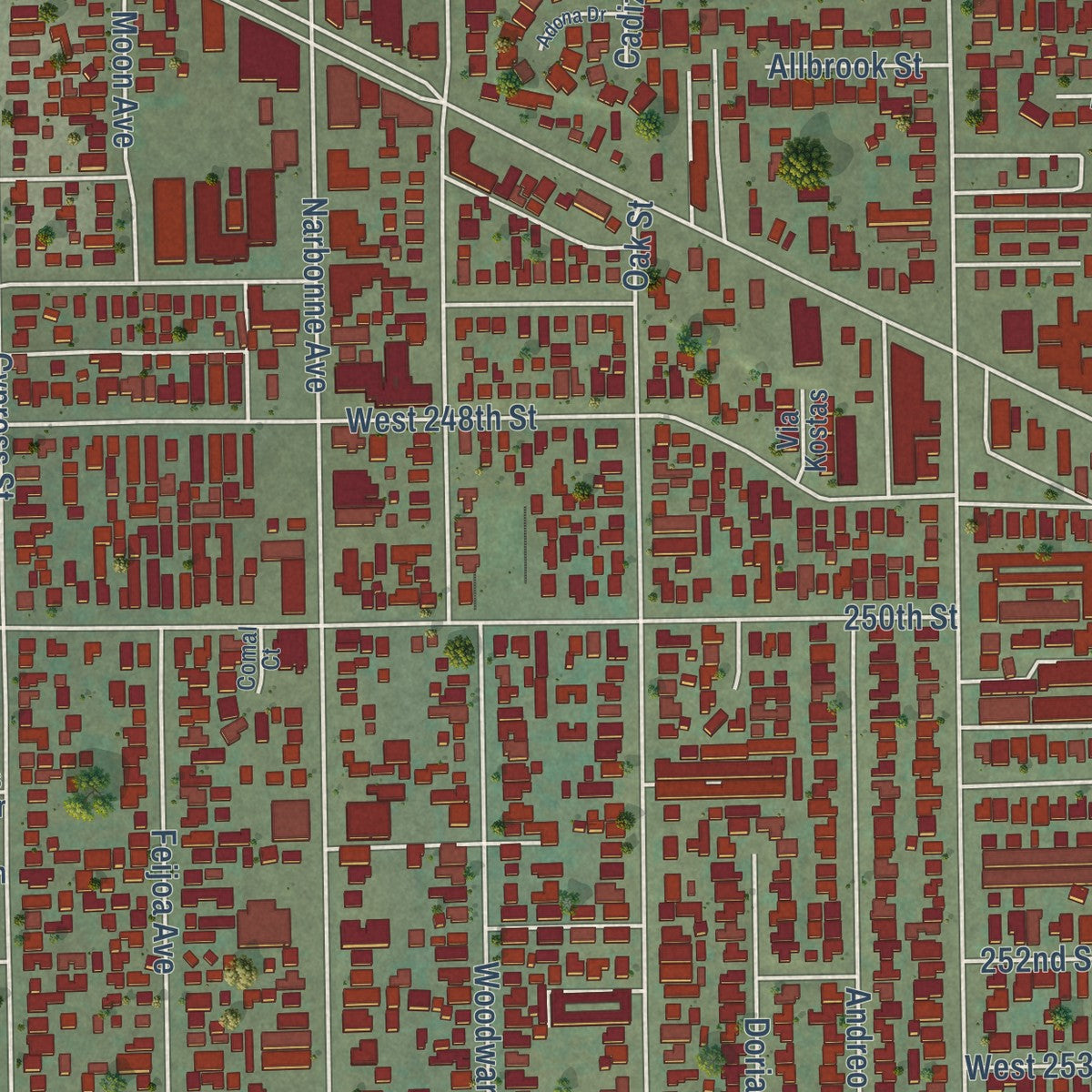 Second close-up of the map of Lomita, California print showing more streets and buildings