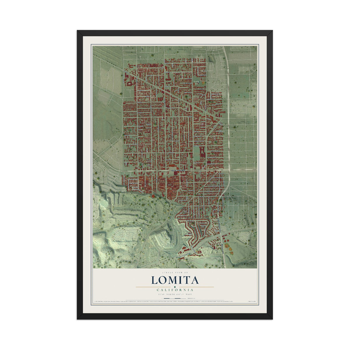 Map of Lomita, California, 12 x 18 inch print in a black wood frame