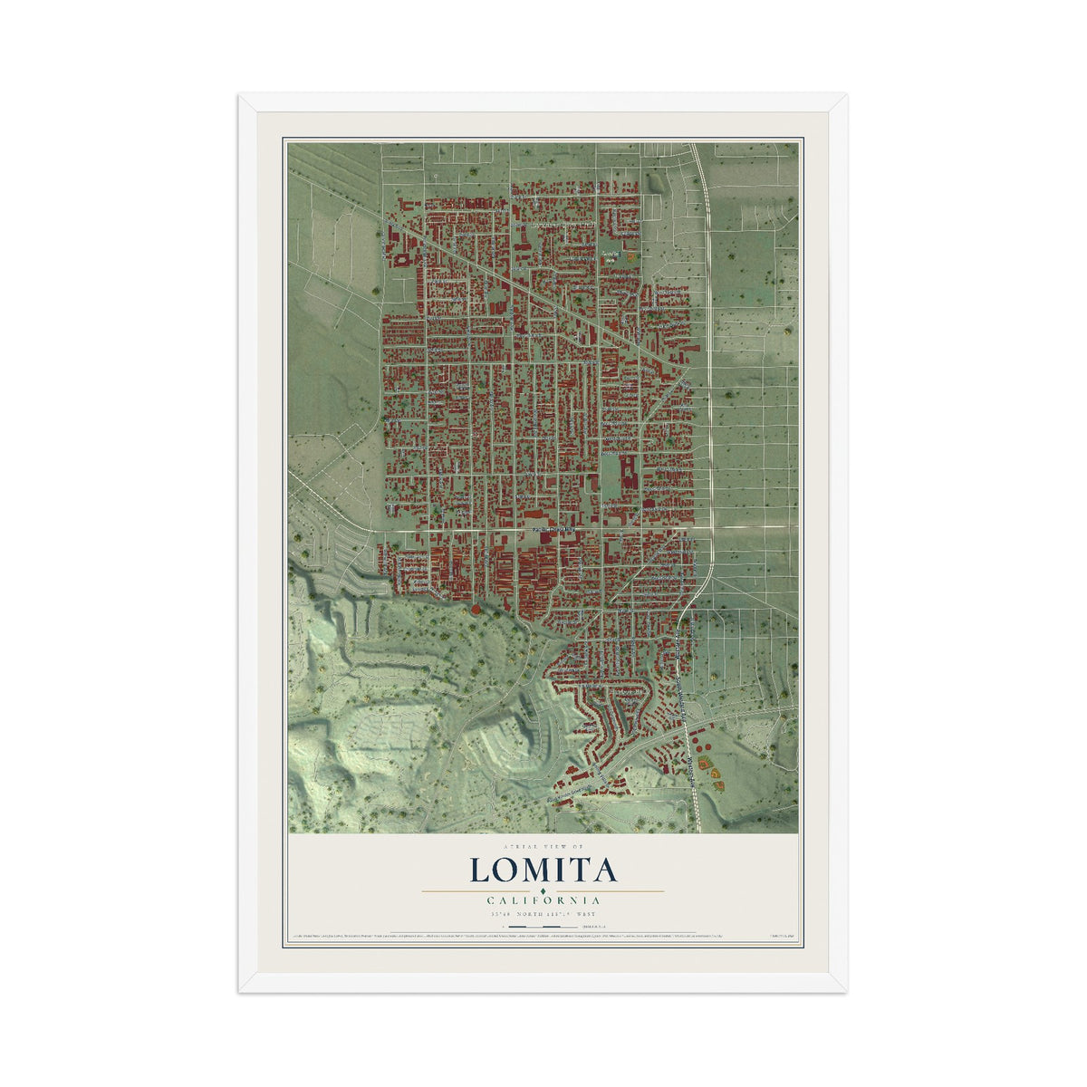 Map of Lomita, California, 12 x 18 inch print in a white wood frame