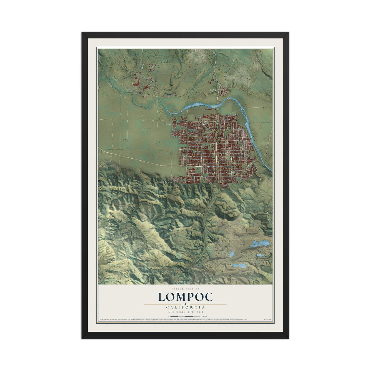 Map of Lompoc, California, 12 x 18 inch print in a black wood frame