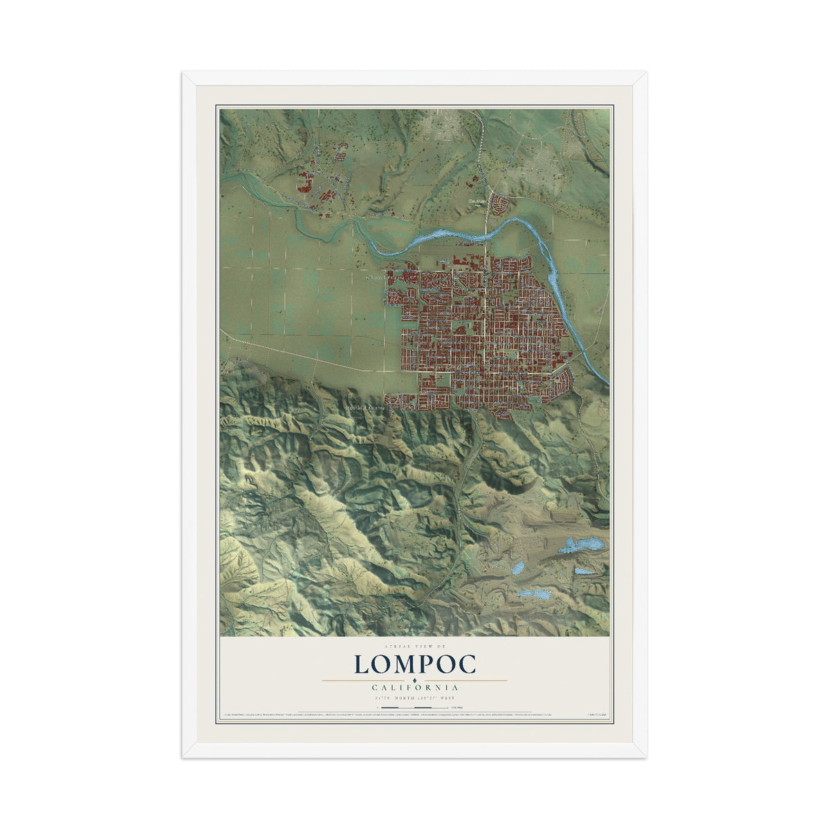 Map of Lompoc, California, 12 x 18 inch print in a white wood frame