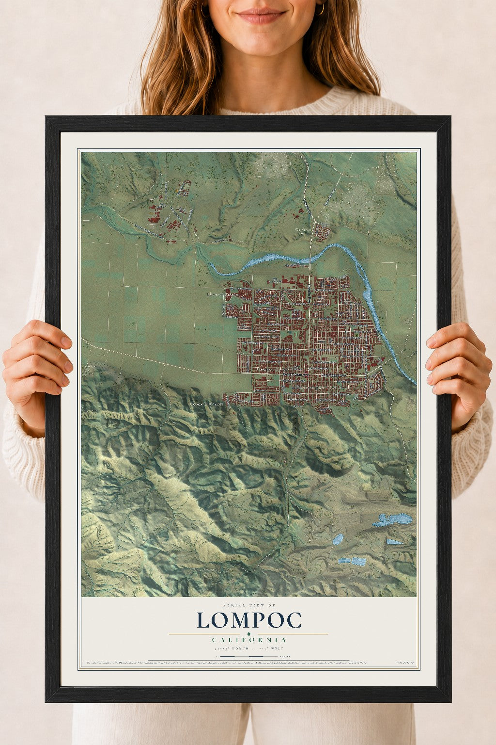 Map of Lompoc, California, 18 x 24 inch print in a black wood frame