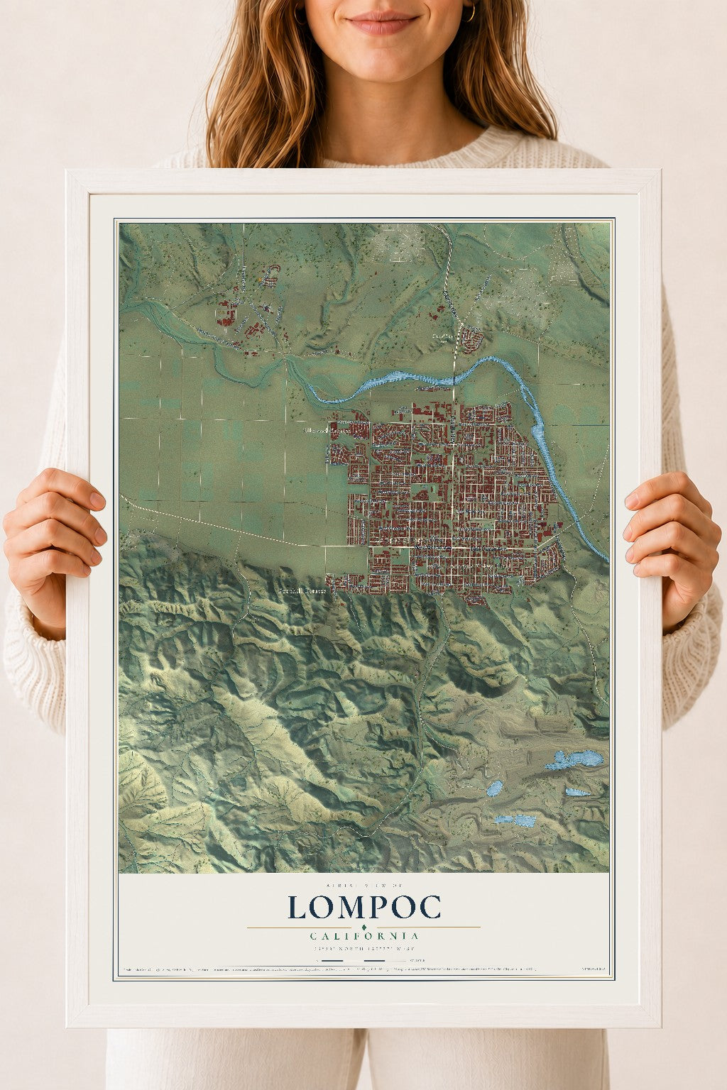 Map of Lompoc, California, 18 x 24 inch print in a white wood frame