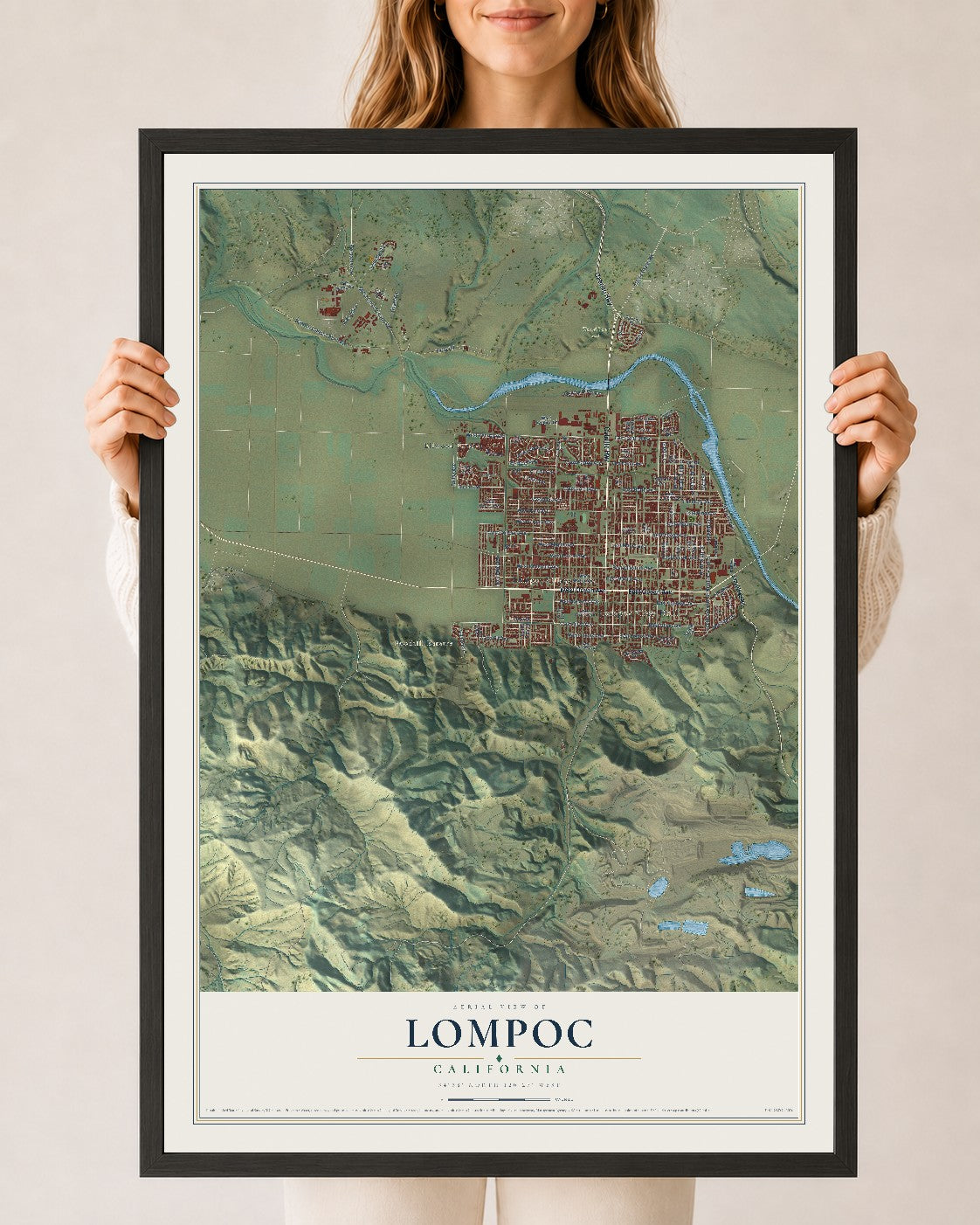 Map of Lompoc, California, 24 x 36 inch print in a black wood frame