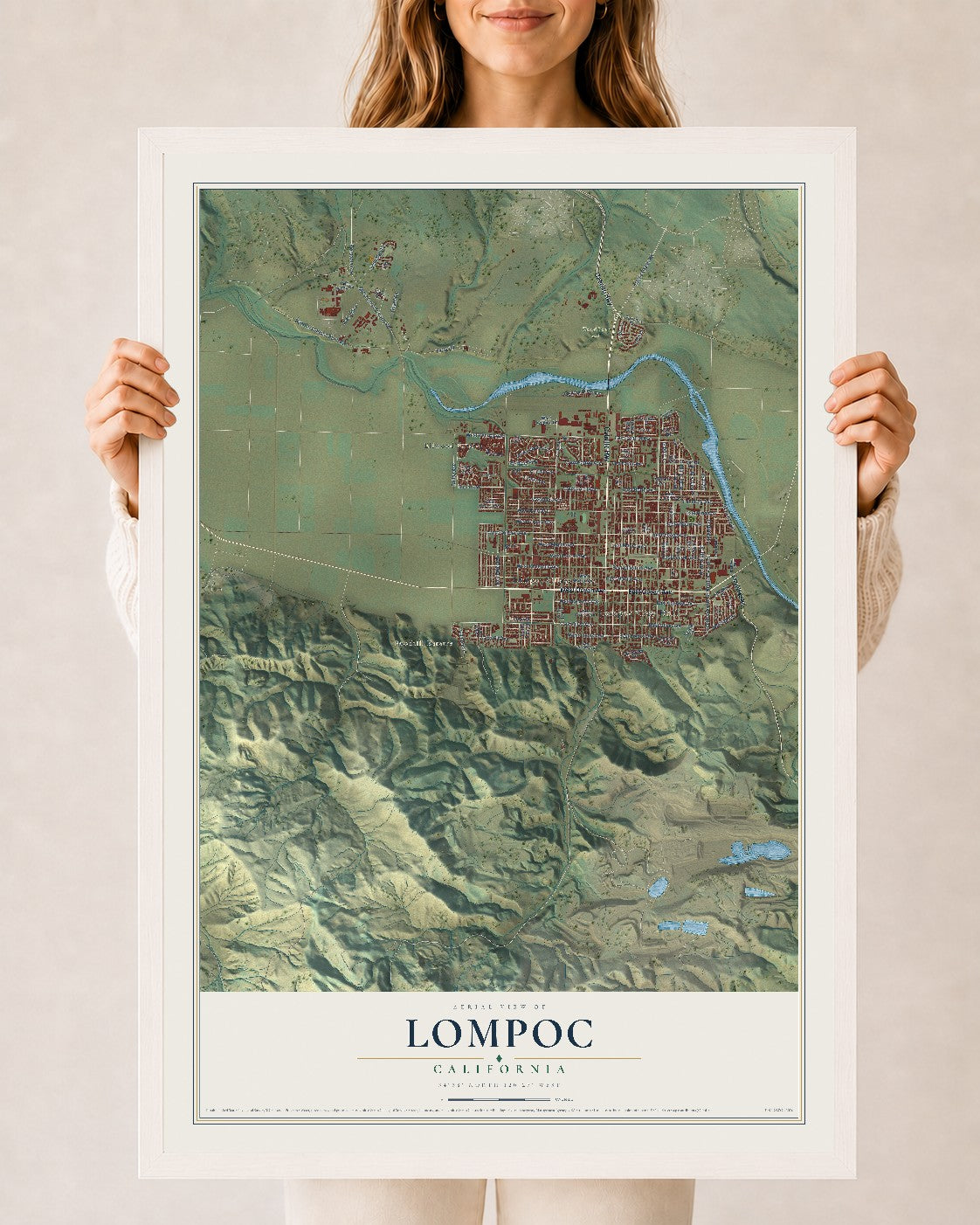 Map of Lompoc, California, 24 x 36 inch print in a white wood frame