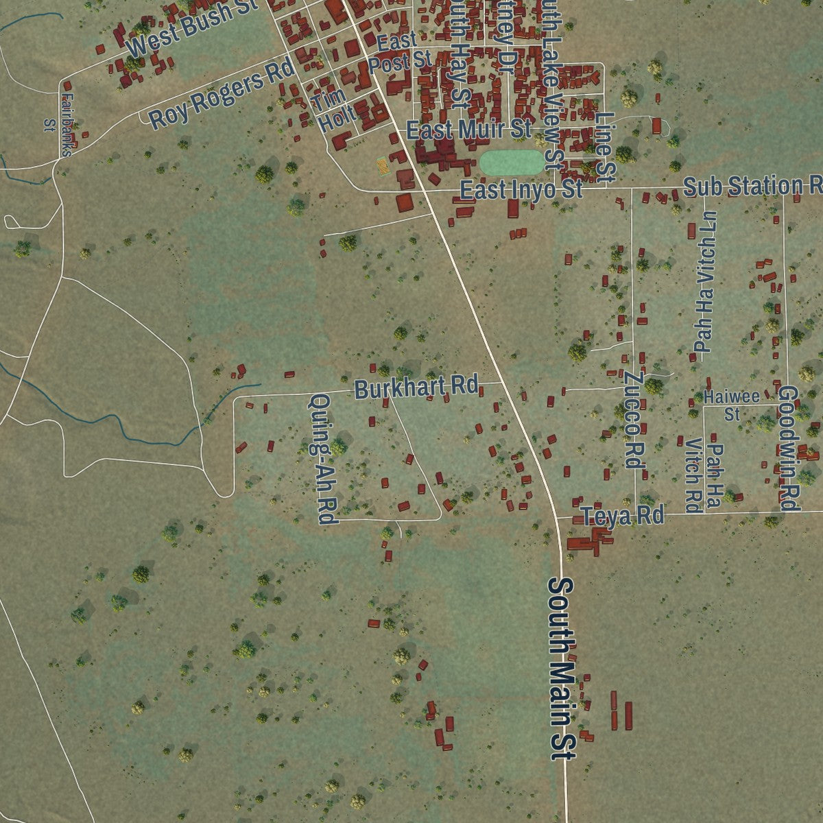Close-up of the map of Lone Pine, California print showing street and building detail