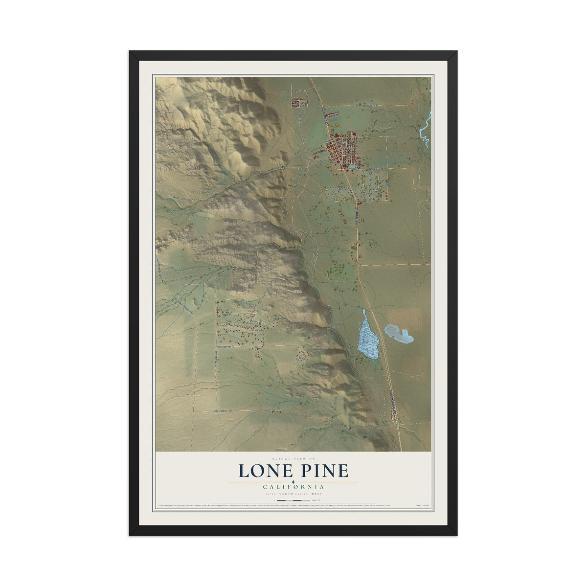 Map of Lone Pine, California, 12 x 18 inch print in a black wood frame
