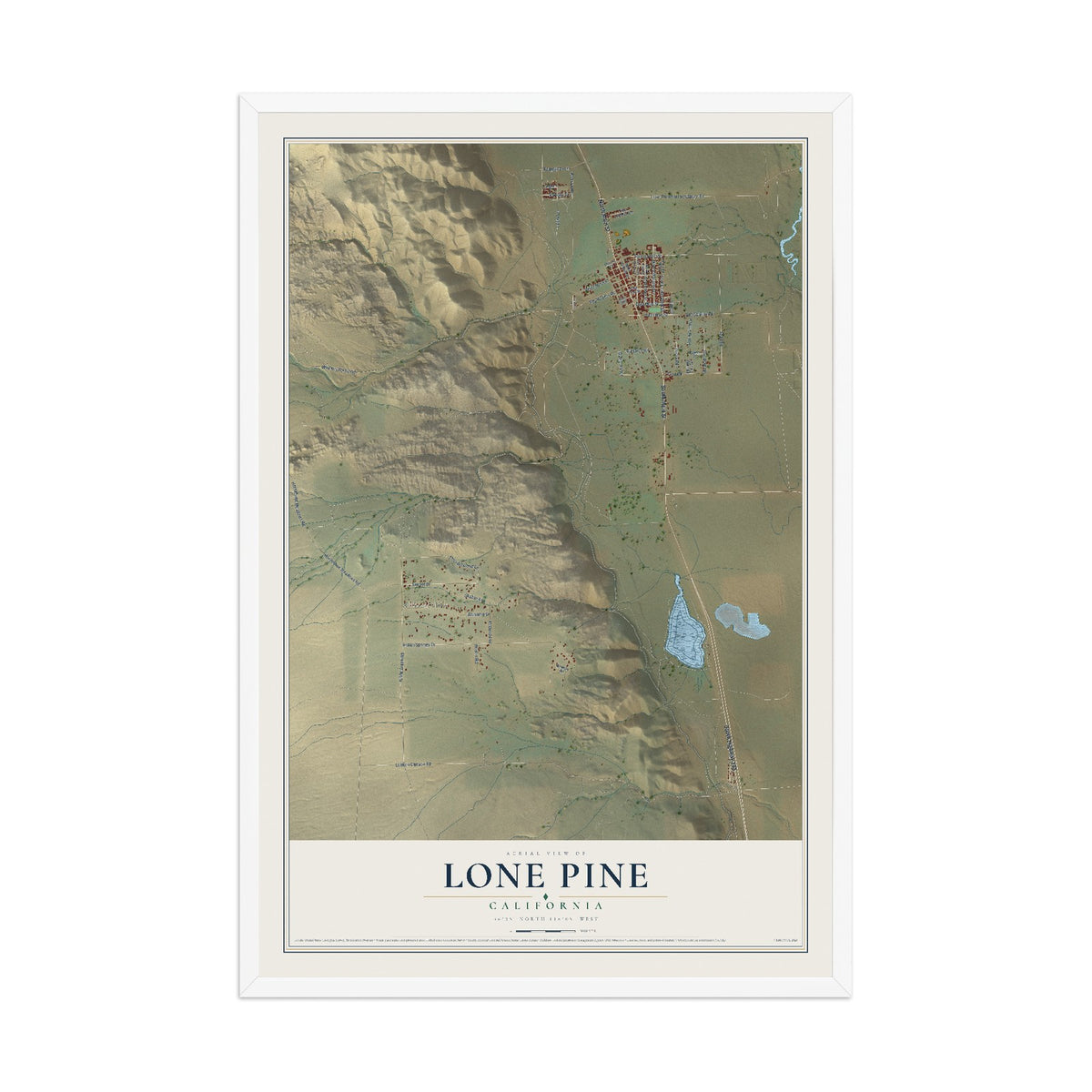 Map of Lone Pine, California, 12 x 18 inch print in a white wood frame
