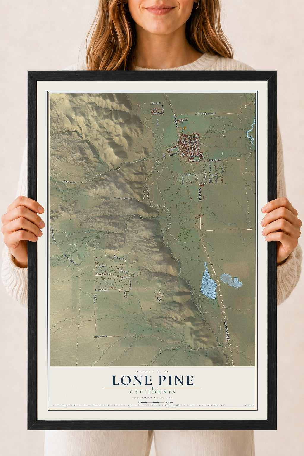 Map of Lone Pine, California, 18 x 24 inch print in a black wood frame