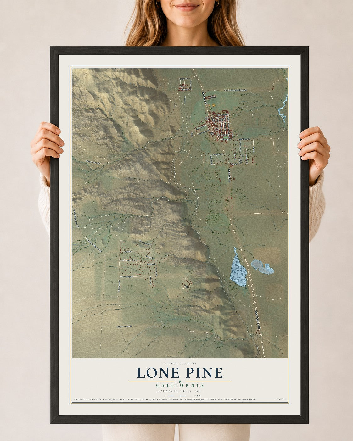 Map of Lone Pine, California, 24 x 36 inch print in a black wood frame