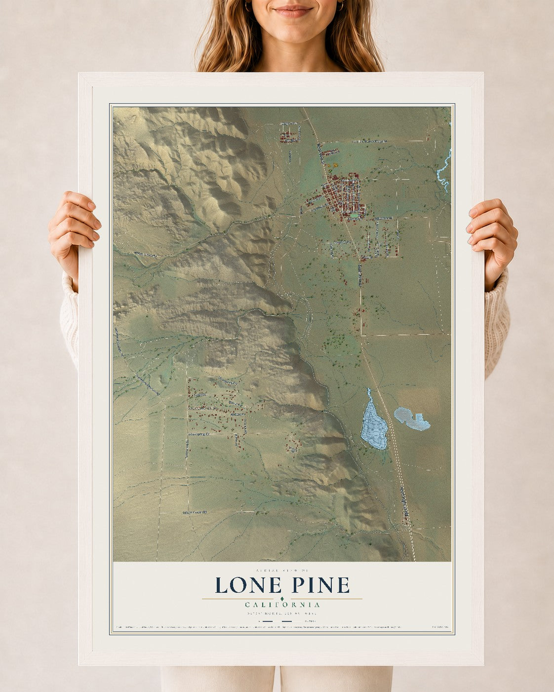 Map of Lone Pine, California, 24 x 36 inch print in a white wood frame