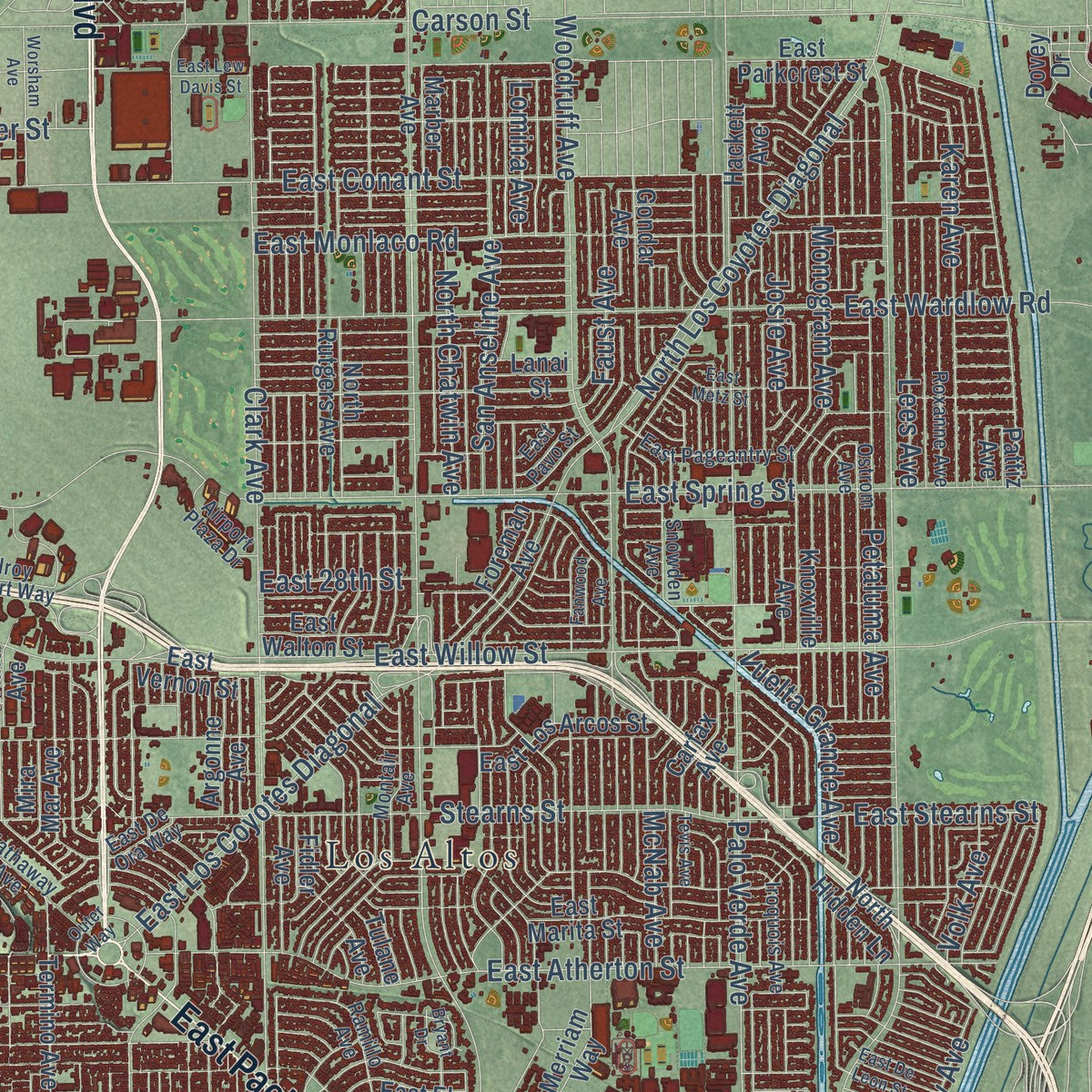 Close-up of the map of Long Beach, California print showing street and building detail