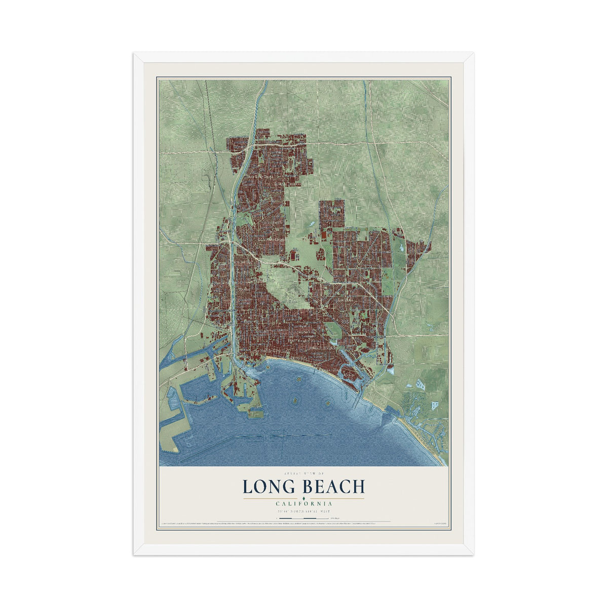 Map of Long Beach, California, 12 x 18 inch print in a white wood frame