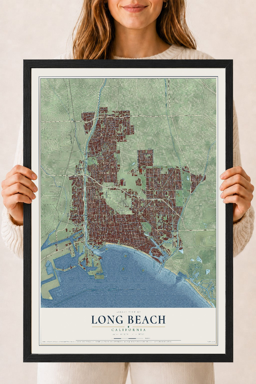 Map of Long Beach, California, 18 x 24 inch print in a black wood frame