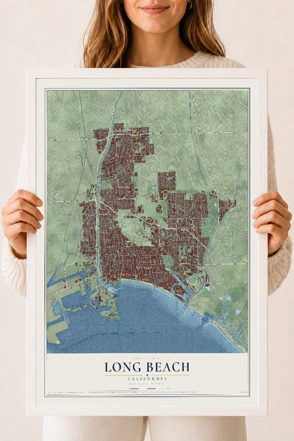 Map of Long Beach, California, 18 x 24 inch print in a white wood frame