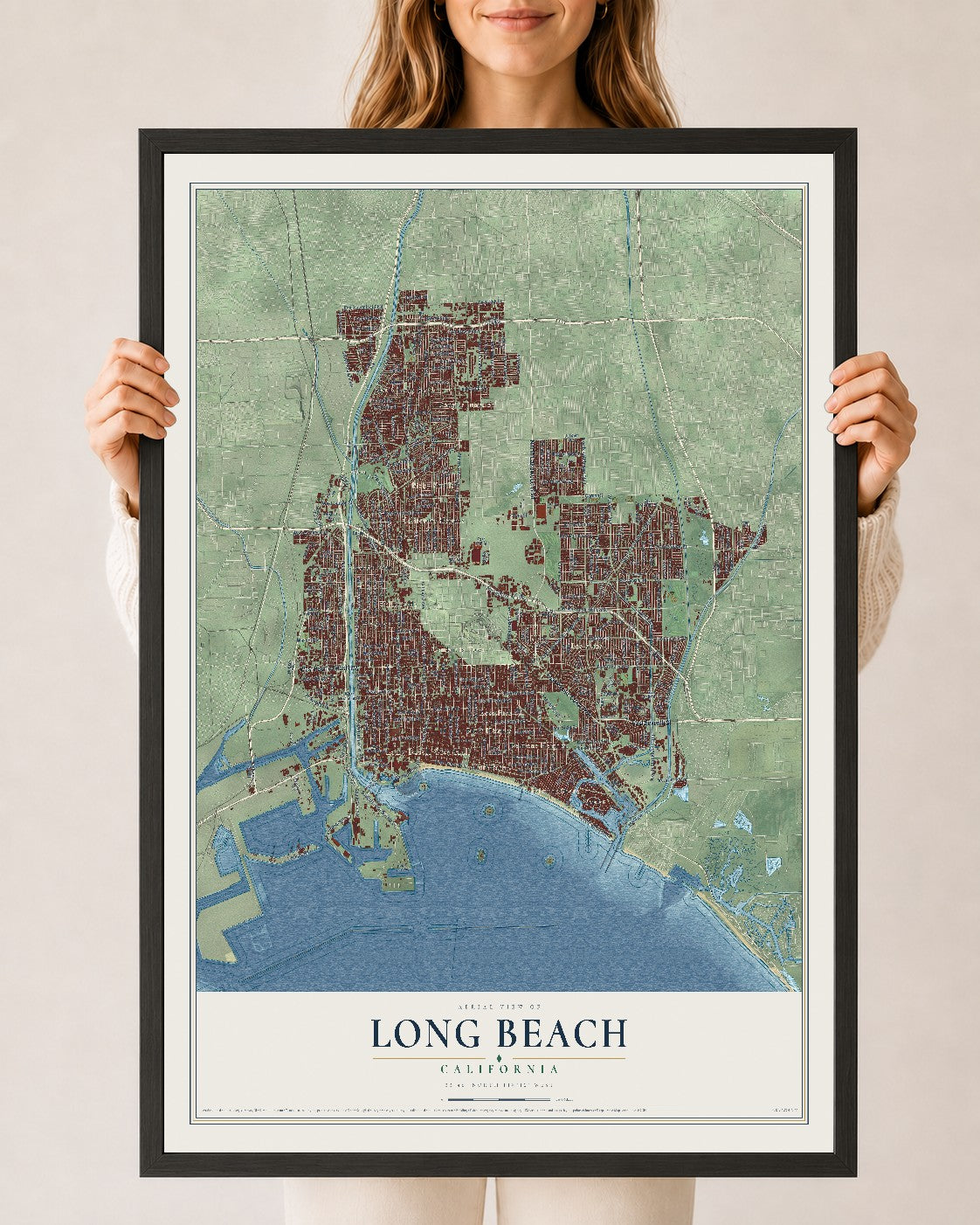 Map of Long Beach, California, 24 x 36 inch print in a black wood frame
