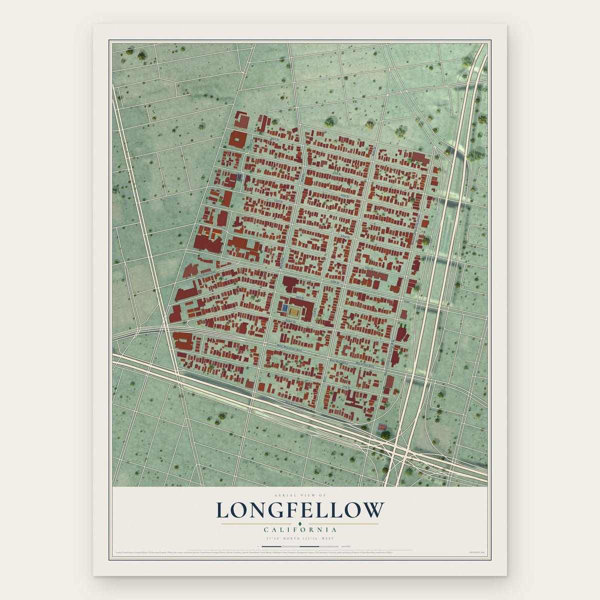 Longfellow, California map print, the full design