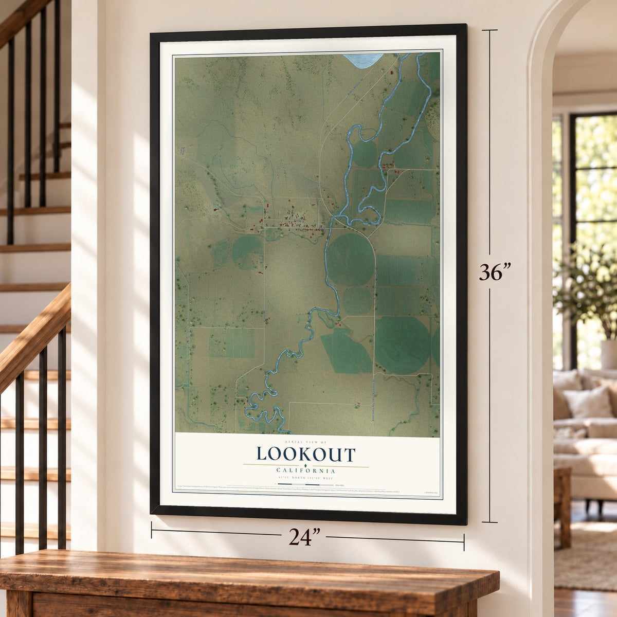 Lookout, California map, 24 x 36 inch print in a black frame by a staircase