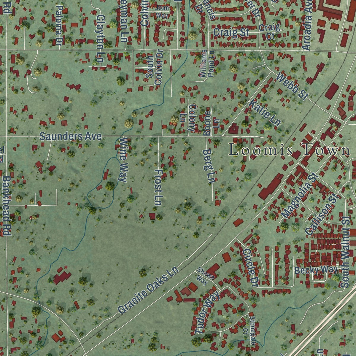 Second close-up of the map of Loomis, California print showing more streets and buildings