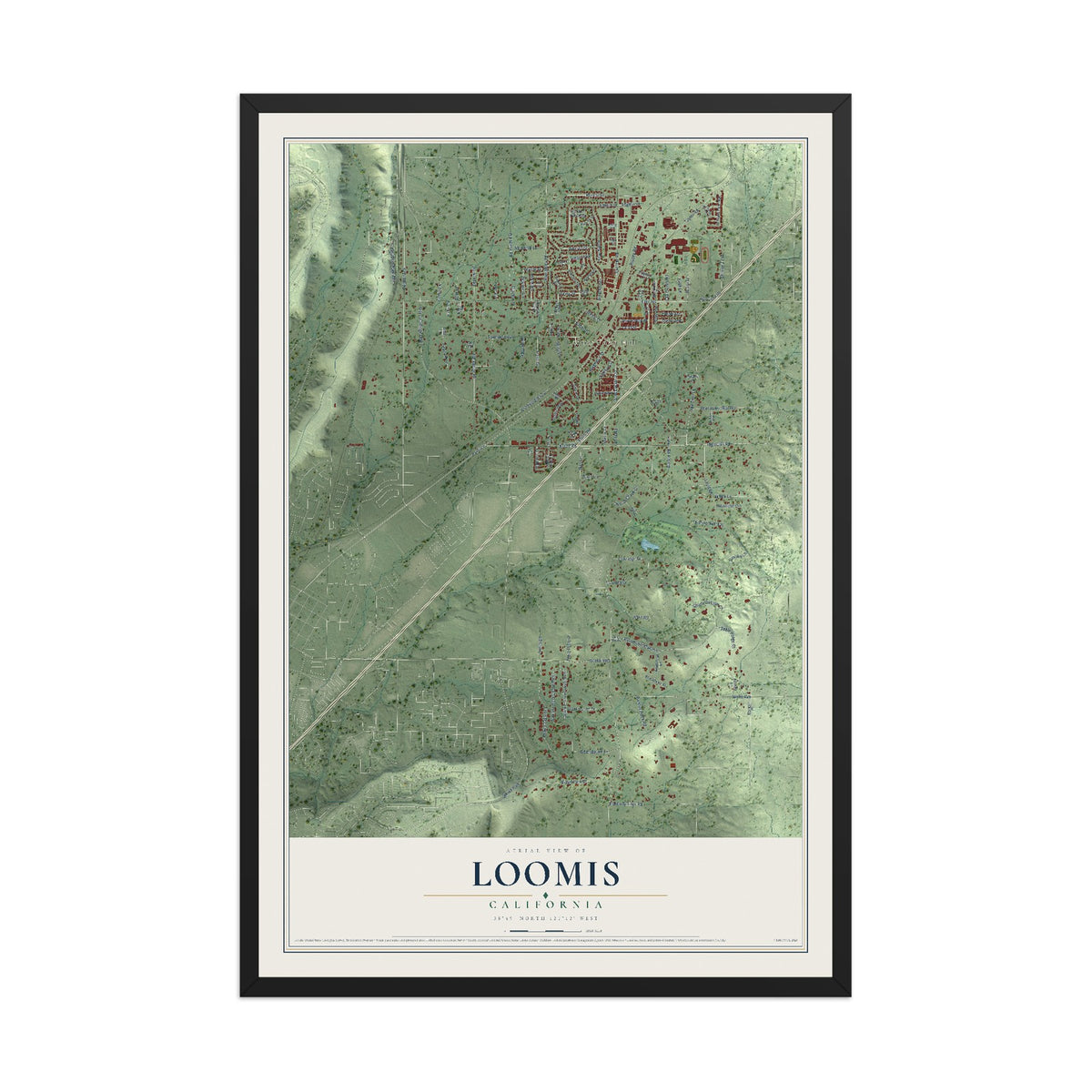 Map of Loomis, California, 12 x 18 inch print in a black wood frame