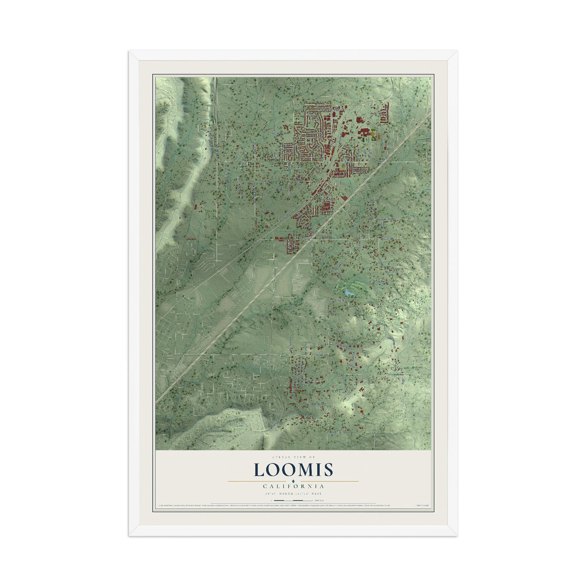 Map of Loomis, California, 12 x 18 inch print in a white wood frame