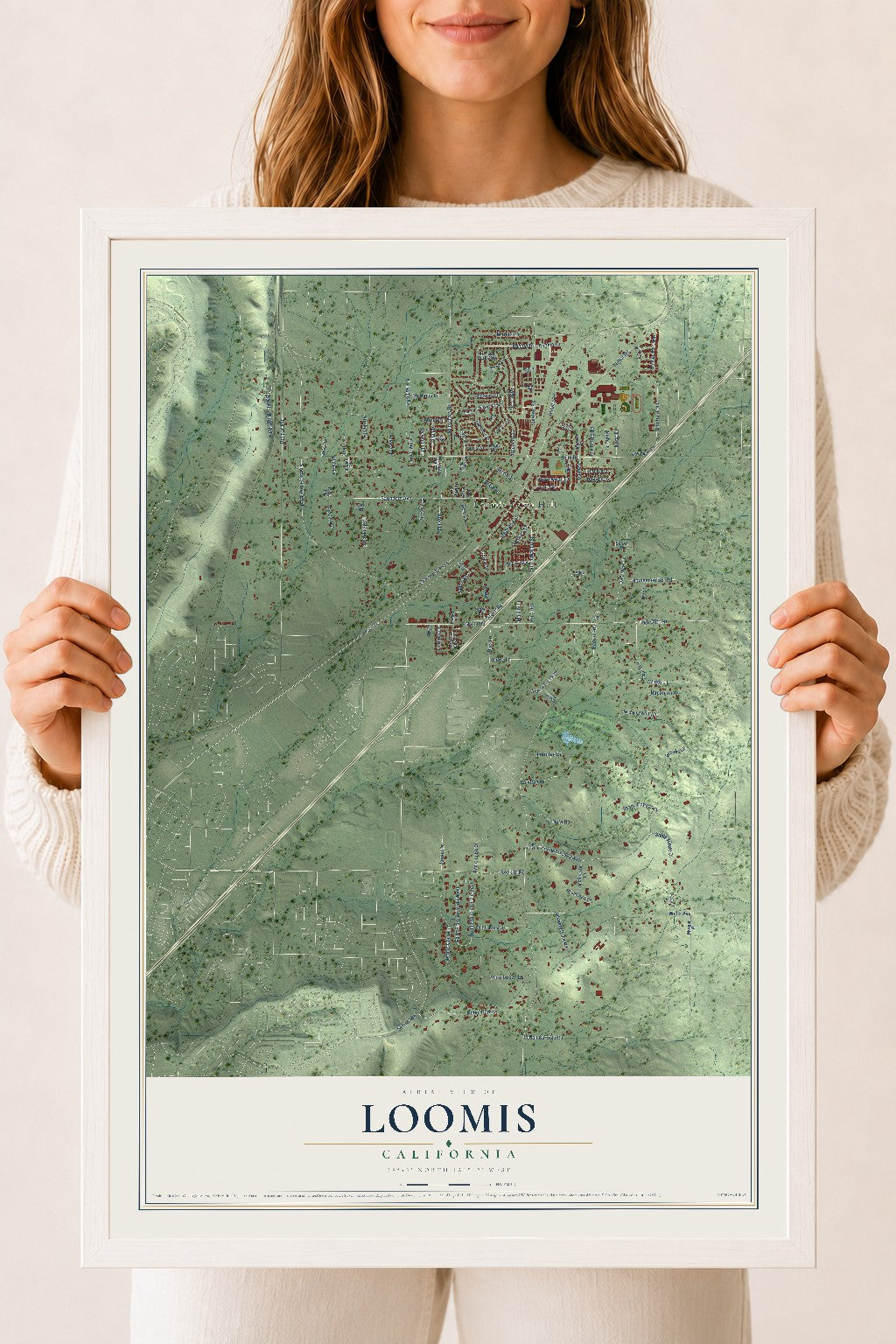 Map of Loomis, California, 18 x 24 inch print in a white wood frame