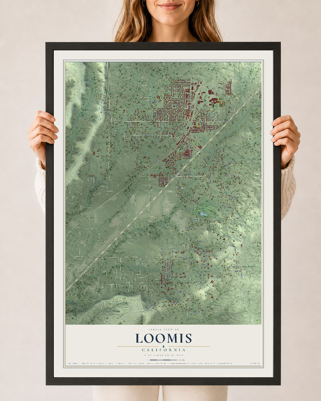 Map of Loomis, California, 24 x 36 inch print in a black wood frame