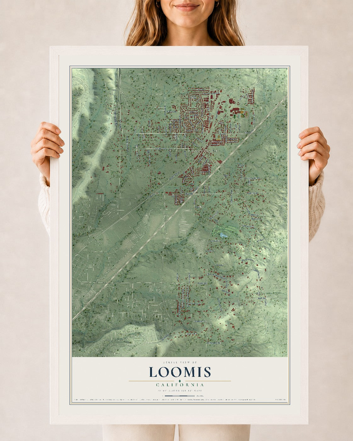 Map of Loomis, California, 24 x 36 inch print in a white wood frame