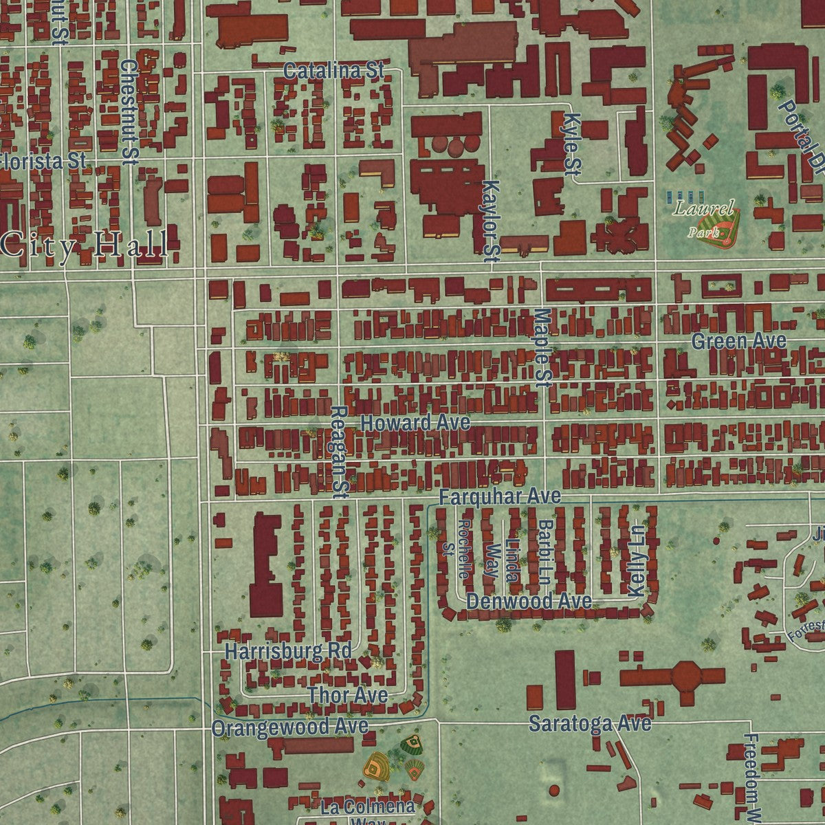 Close-up of the map of Los Alamitos, California print showing street and building detail