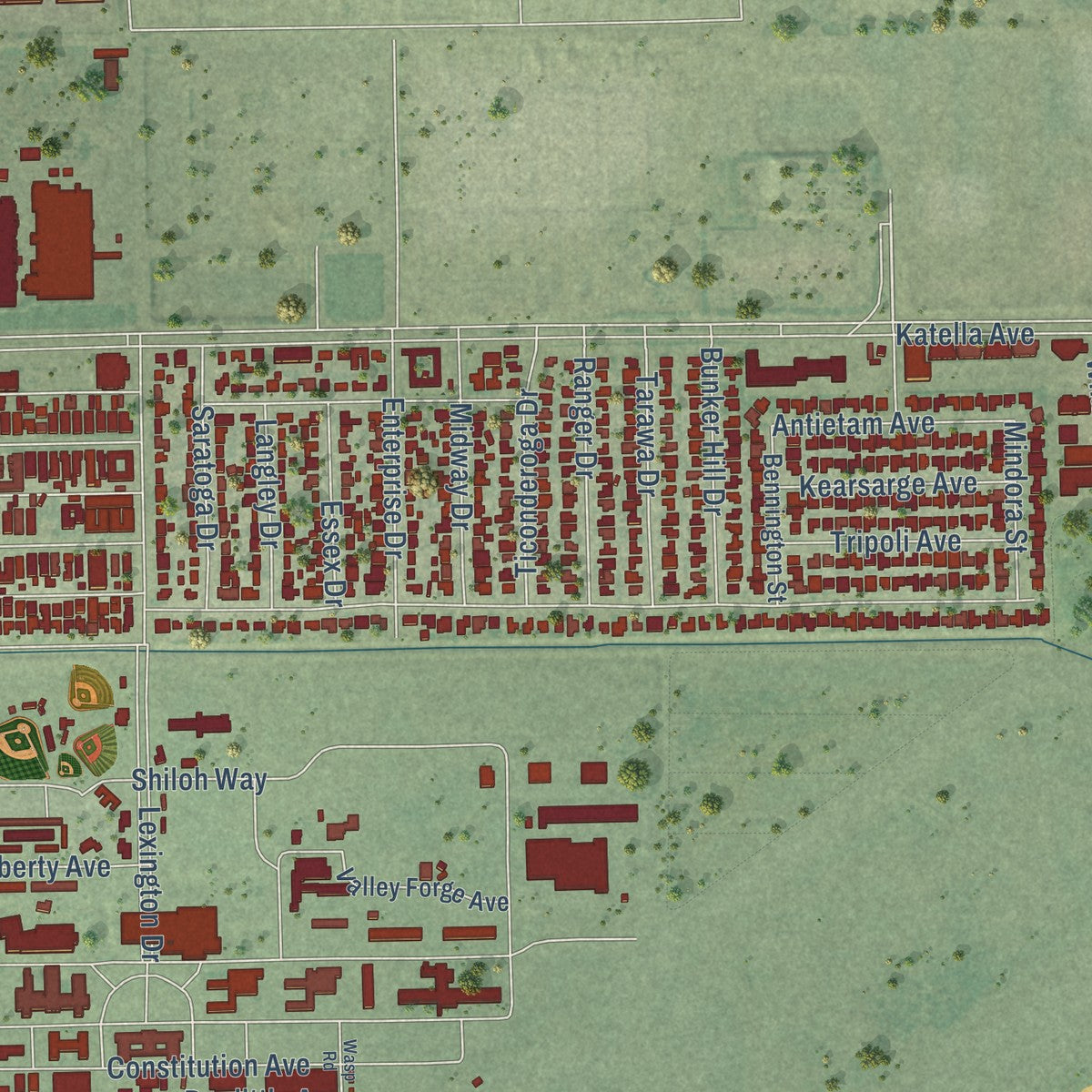 Second close-up of the map of Los Alamitos, California print showing more streets and buildings