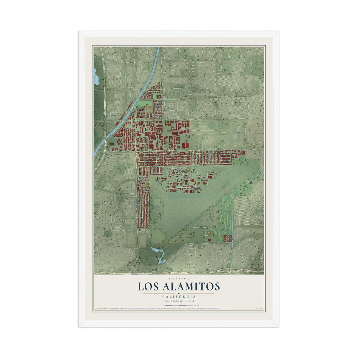 Map of Los Alamitos, California, 12 x 18 inch print in a white wood frame