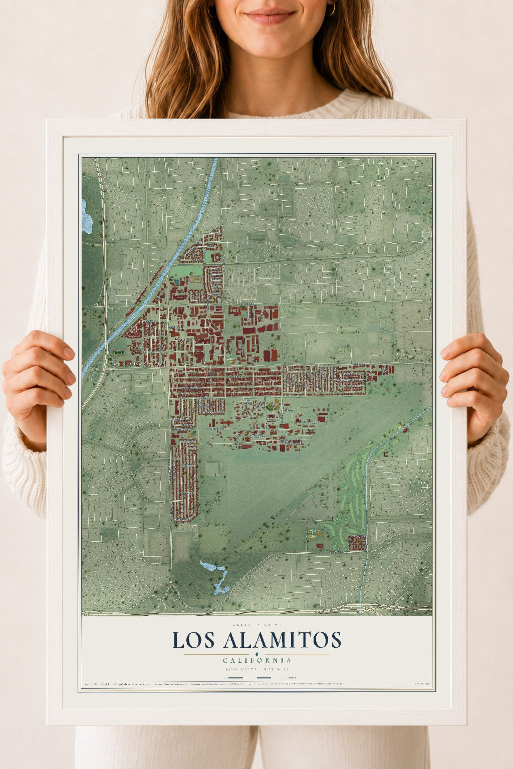 Map of Los Alamitos, California, 18 x 24 inch print in a white wood frame