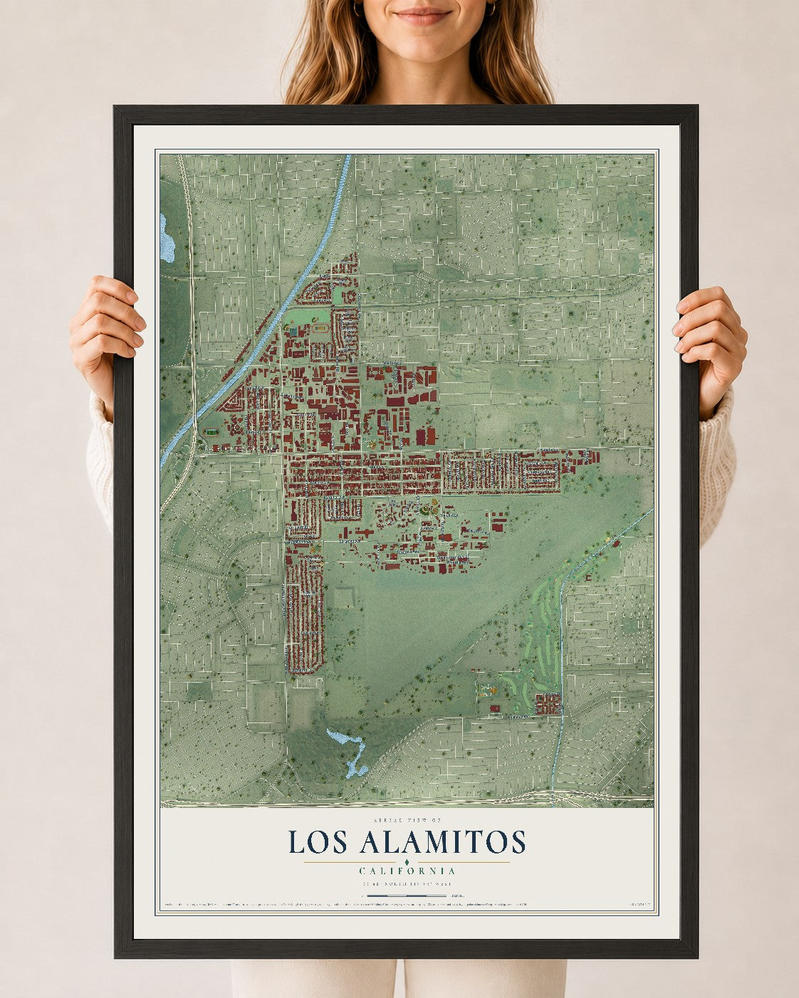 Map of Los Alamitos, California, 24 x 36 inch print in a black wood frame