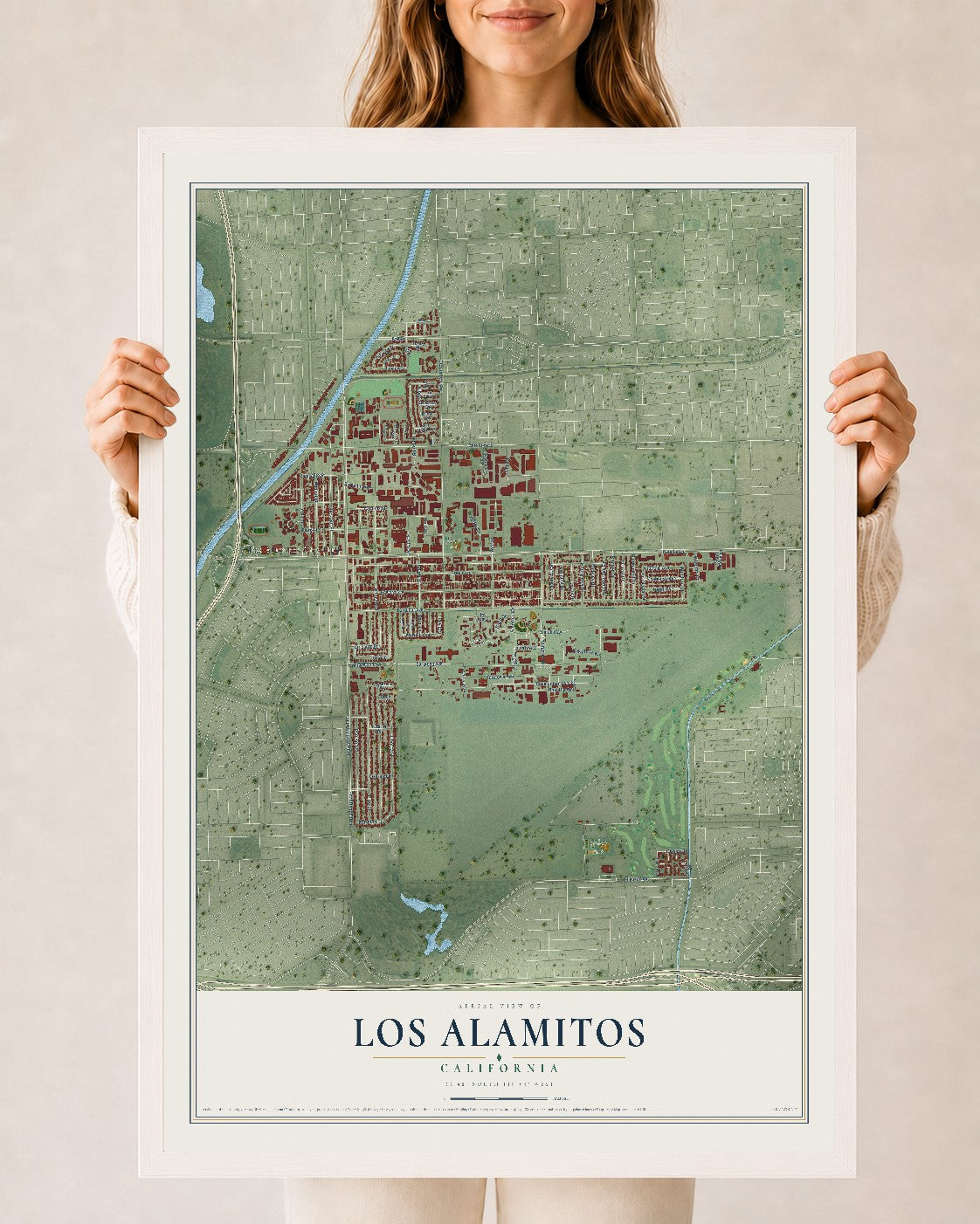 Map of Los Alamitos, California, 24 x 36 inch print in a white wood frame