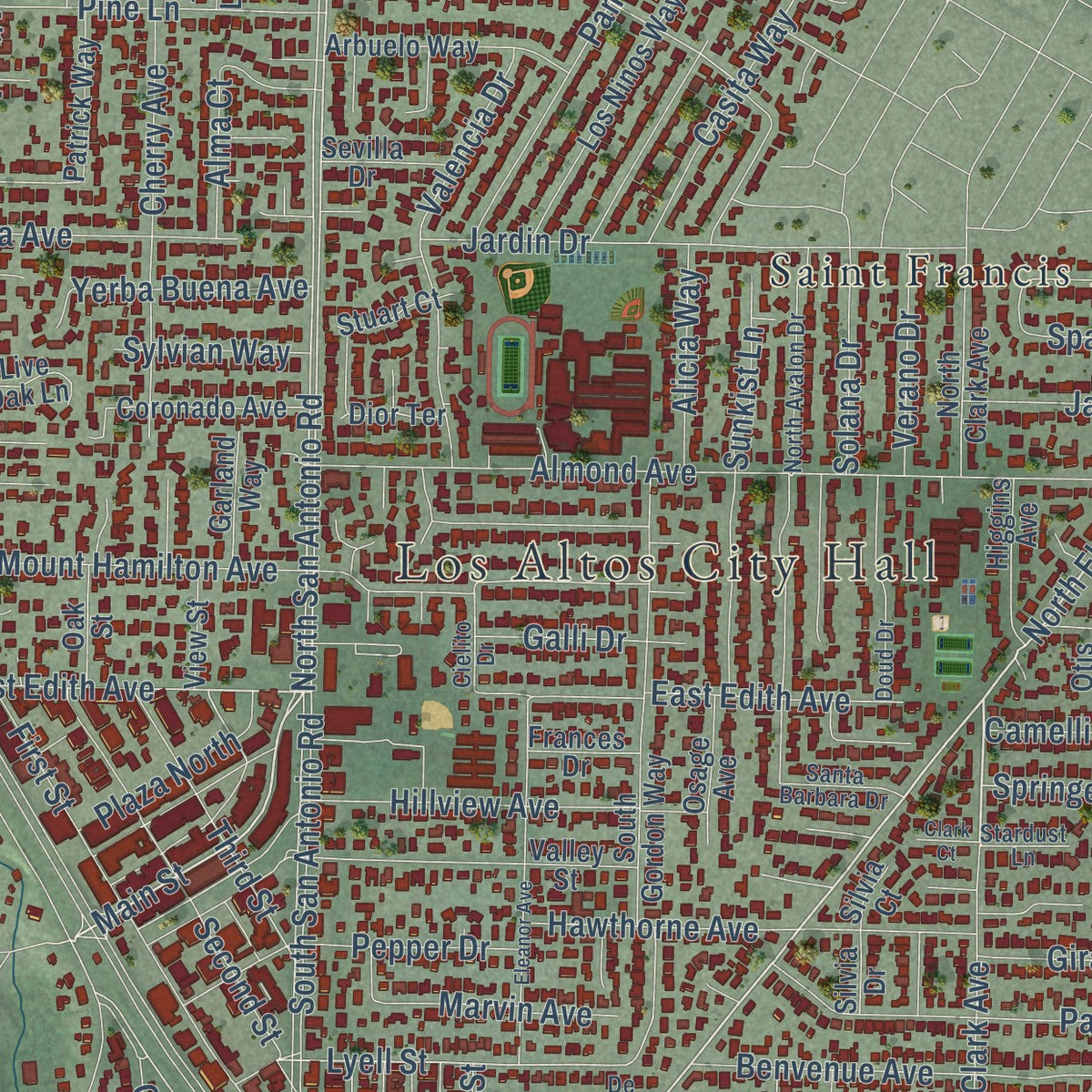 Close-up of the map of Los Altos, California print showing street and building detail