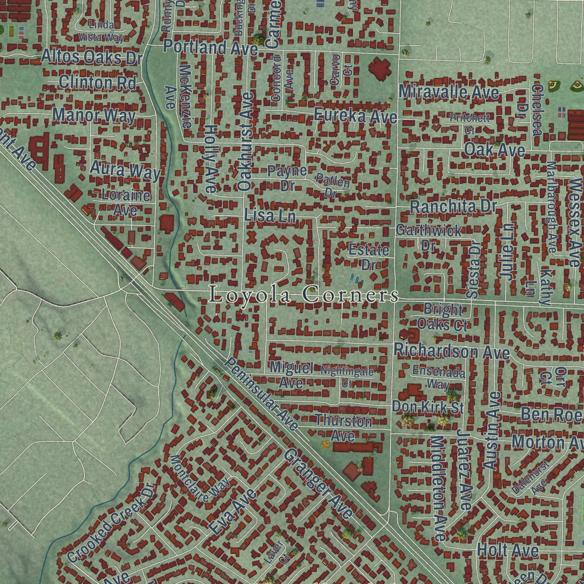 Second close-up of the map of Los Altos, California print showing more streets and buildings