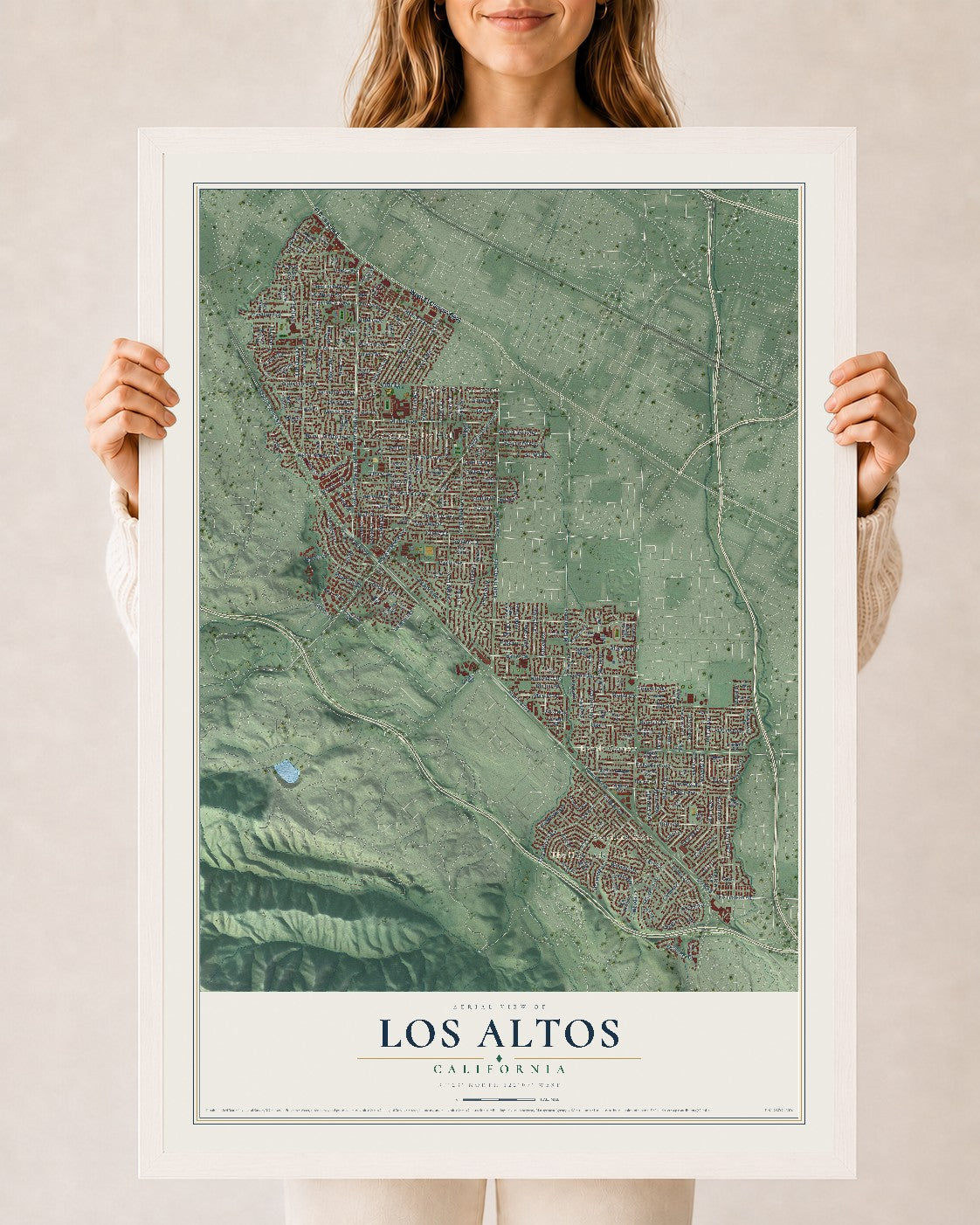 Map of Los Altos, California, 24 x 36 inch print in a white wood frame