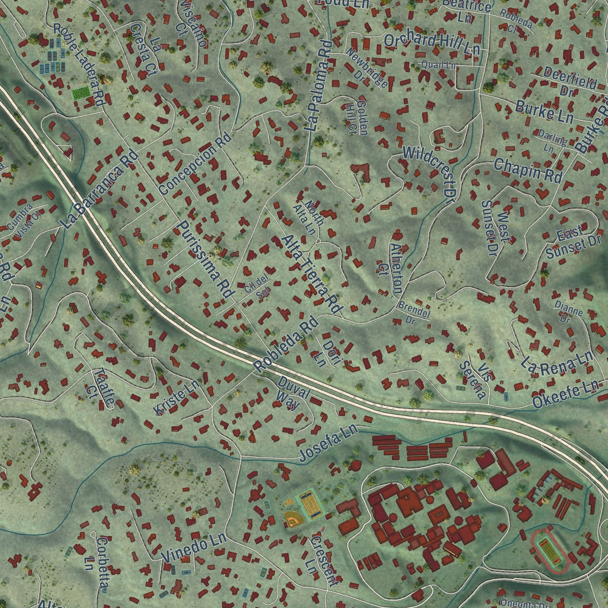 Close-up of the map of Los Altos Hills, California print showing street and building detail