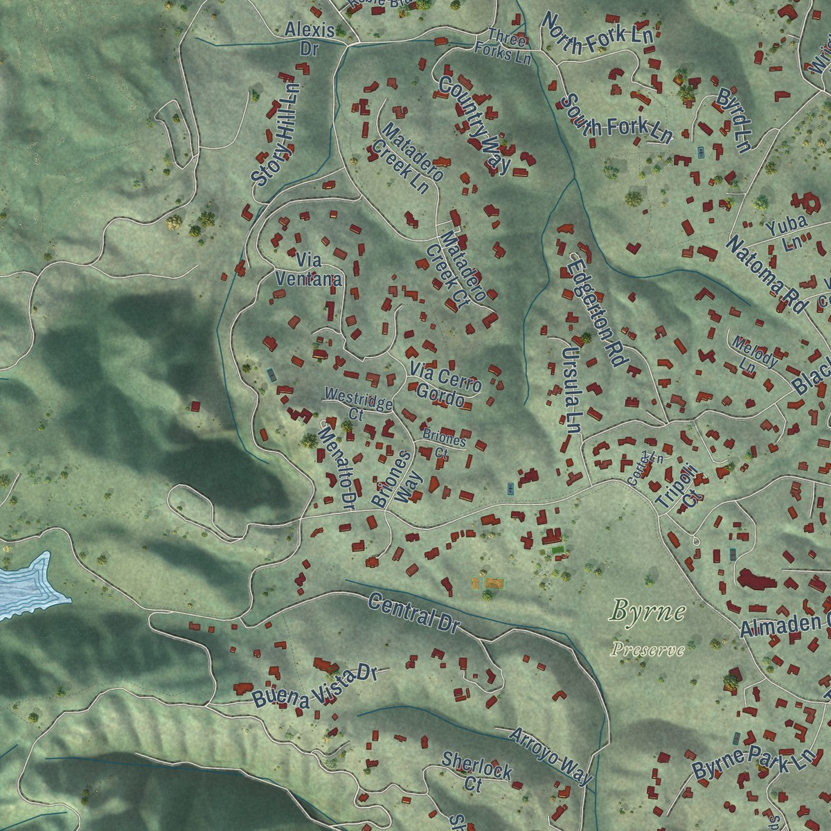Second close-up of the map of Los Altos Hills, California print showing more streets and buildings