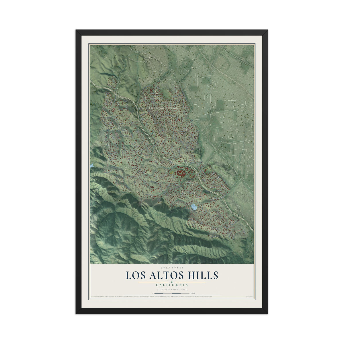 Map of Los Altos Hills, California, 12 x 18 inch print in a black wood frame