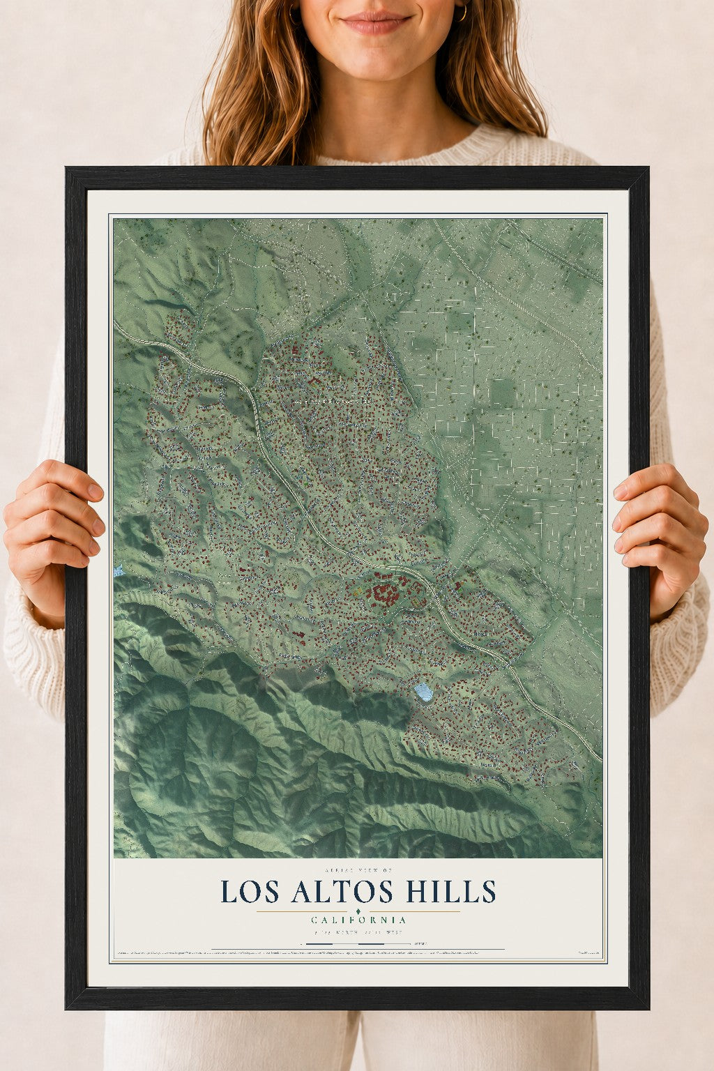 Map of Los Altos Hills, California, 18 x 24 inch print in a black wood frame