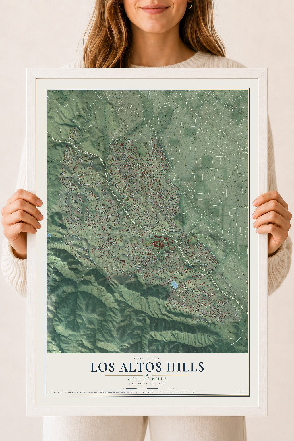 Map of Los Altos Hills, California, 18 x 24 inch print in a white wood frame
