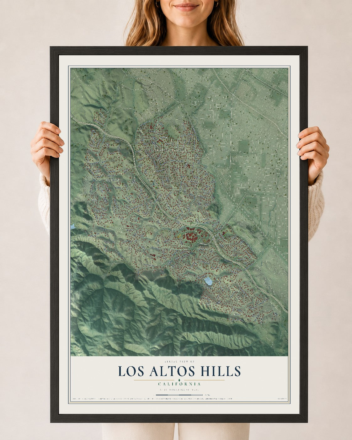 Map of Los Altos Hills, California, 24 x 36 inch print in a black wood frame