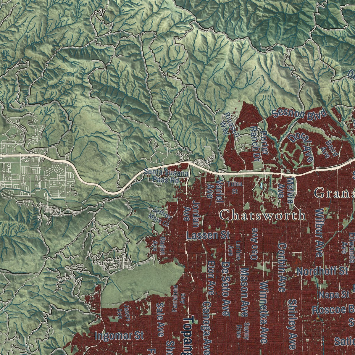 Second close-up of the map of Los Angeles, California print showing more streets and buildings