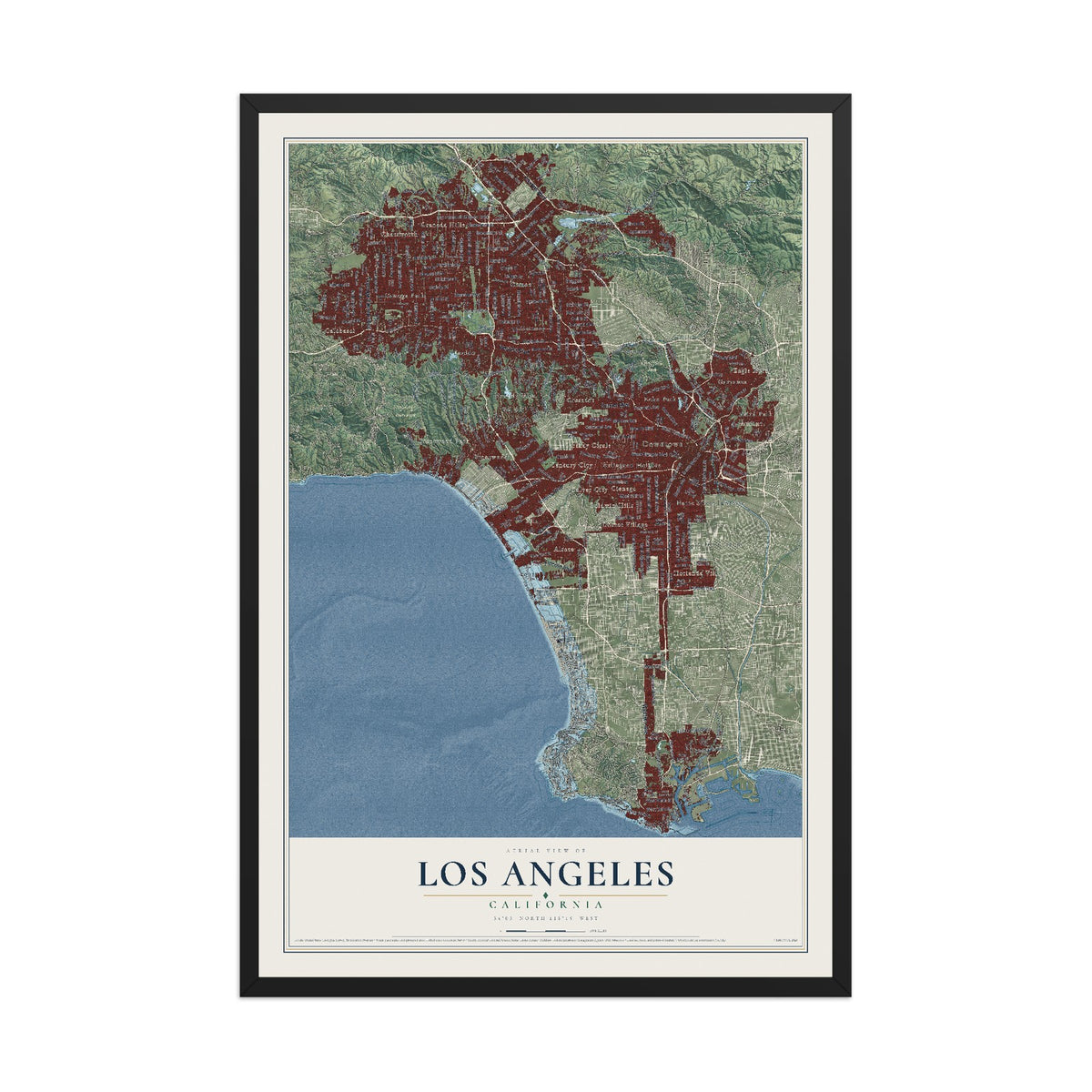 Map of Los Angeles, California, 12 x 18 inch print in a black wood frame