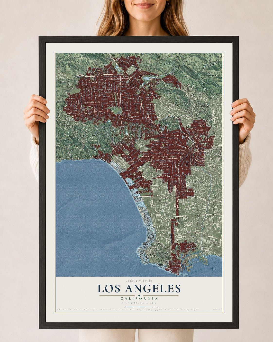 Map of Los Angeles, California, 24 x 36 inch print in a black wood frame